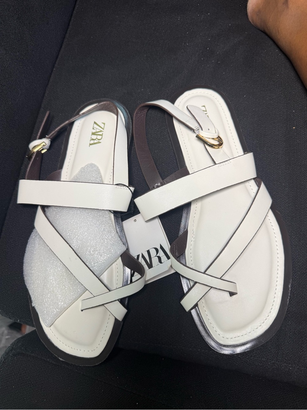 ZARA White Strappy Slingback Flat Sandals with Gold Buckle